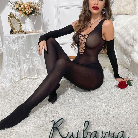 for Women Sleeveless Matte Full-body Bodysuit Crossed Chest Straps Deep V Jumpsu - Picture 4 of 6